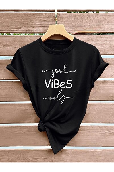 over head oh Ženska crna majica "Good Vibes Only" Štampano Oversize T-shirt