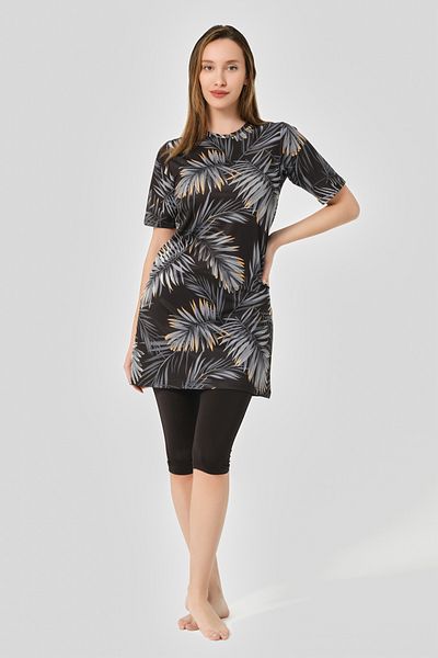 ALFASA Print Top, Half Sleeve and Half Covered Swimsuit