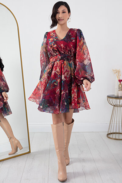 PULLIMM V Yaka Uzun Kol Şifon Elbise GRS3363