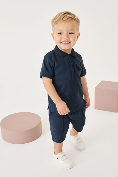 Ladin Store New Season Ανδρικό Παιδικό Seersucker Ύφασμα Navy Blue Χρώμα Polo Λαιμόκοψη Βαμβακερό 2 τεμάχιο κάτω-κορυφή σορτς
