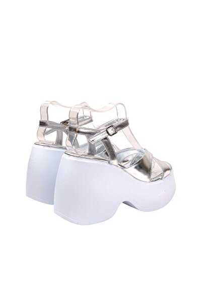 bescobel Women's Retyan Silver High Wedge Heel Cross Strap Sandals 10 CM DLG20
