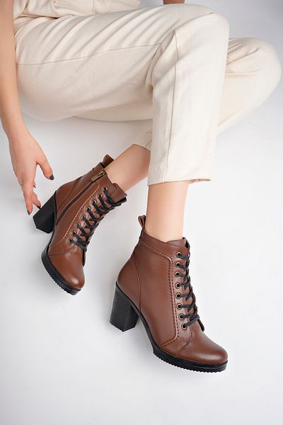 Deripabuc Genuine Leather Brown Women's Heeled Leather Boots Trc-3773