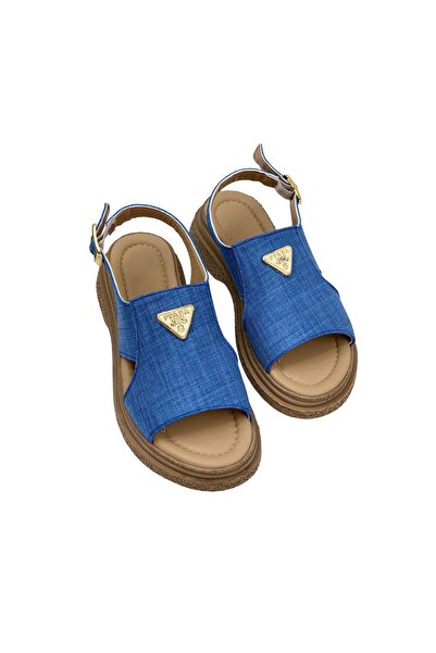bescobel Kadın Rada KoyuMavi Keten Bilekten Bağlamalı Sandalet 4 Cm sn100