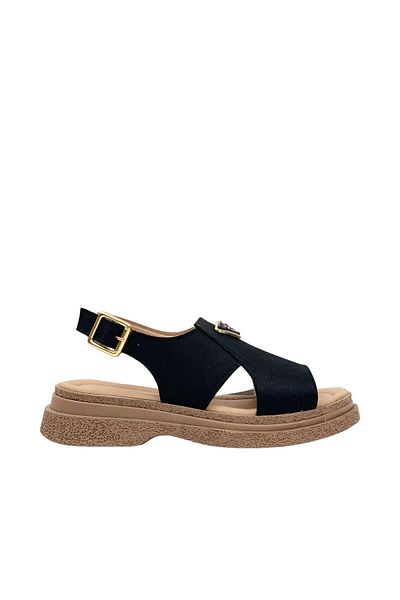 bescobel Women's Rada Black Linen Ankle Strap Sandals 4 Cm sn100