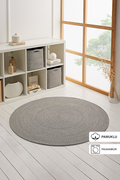 Ocean Home Textile Yıkanabilir Gri Kırçıllı Pamuklu Halı Kilim 120 Cm Çap