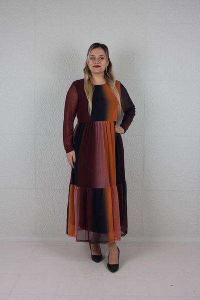 Truva XXL Colorful Tulle Sleeve and Lined Chiffon Plus Size Dress - El609