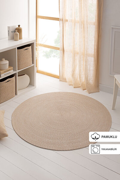 Ocean Home Textile Yıkanabilir Bej Kırçıllı Pamuklu Halı Kilim 120 Cm Çap