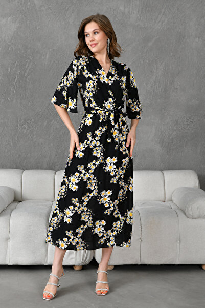 bayansepeti Esnek Kumaş Papatya Desenli Kruvaze Yaka Midi Boy Kuşaklı Yazlık ...