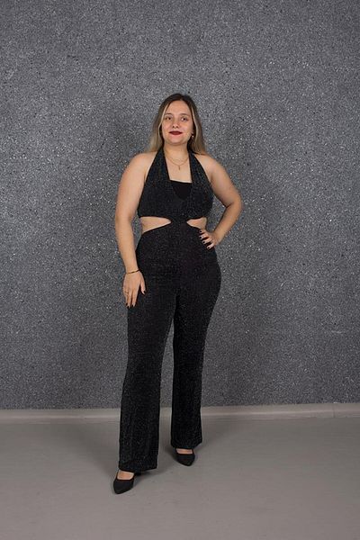 Truva XXL Large Size Backless Style Glitter Jumpsuit Black T179