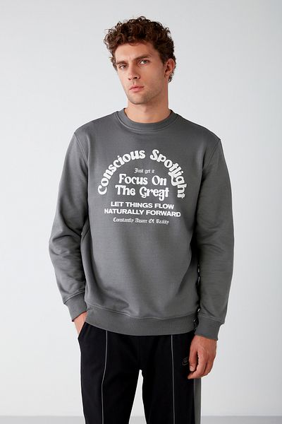 GRIMELANGE Flow Men's Soft Fabric Regular Fit Round Collar Printed Gray Sweatshirt