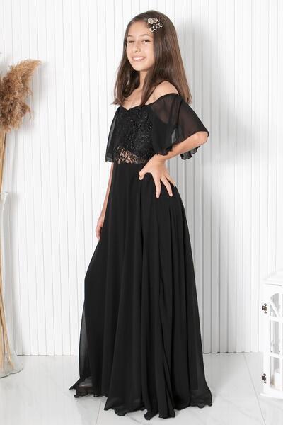 SUBU TASARIM Βραδινό φόρεμα μακρύ σιφόν με λεπτομέρεια μανίκι Μαύρο Mdv330