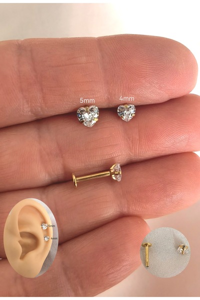Bylin %100 316 L Cerrahi Çelik Kalp Tek Taş Dudak/Kulak Piercing Takısı (Bar ...