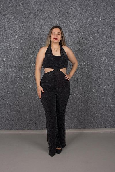 Truva XXL Large Size Backless Style Glitter Jumpsuit Black T179