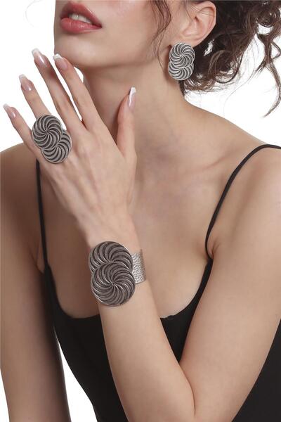 LABALABA Kadın Antik Gümüş Kaplama Spiral Baskılı Tasarım Küpe &Yüzük &Bileki...