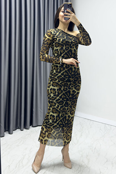 zks grup tekstil Women's Leopard Print One Shoulder Tulle Lycra Plus Size Dress
