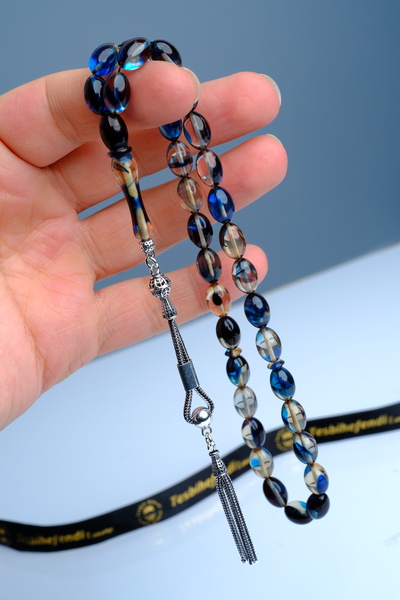 TESBİHEFENDİ Panglica de Mătăsos Argintie cu Fire Amber Transparentă Albastră