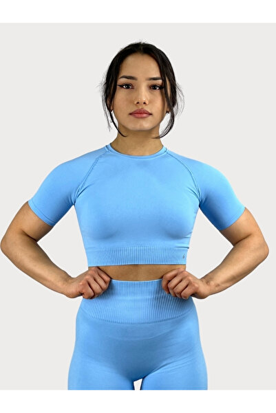 Sporcum Bebek Mavisi Seamless Toparlayıcı Esnek Kısakollu Kadın Spor Crop Top...