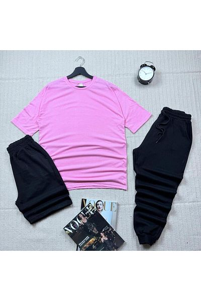 khufu Oversize Pink Relaxed Fit T-shirt Black Shorts and Sweatpants 3-Piece Set Unisex