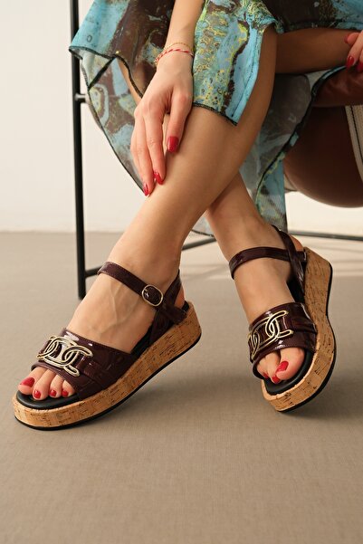 DİVOLYA Danzel Claret Red Patent Leather (4 CM Cork Sole) Daily Use Sandals