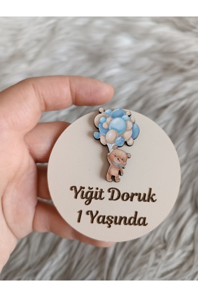 doğrukan Mavi balon tutan ayıcık ahşap yenidoğan doğum günü magnet hediyelik ...