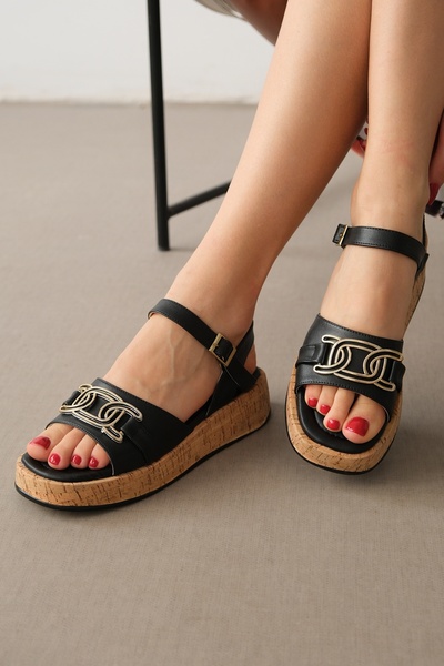 DİVOLYA Danzel Black Skin (4 CM Cork Sole) Daily Use Sandals