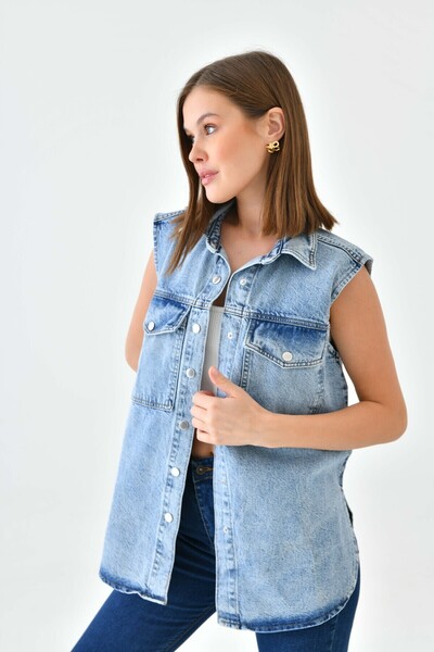 Perryes Vestă din denim din bumbac cu guler de cămașă pentru femei