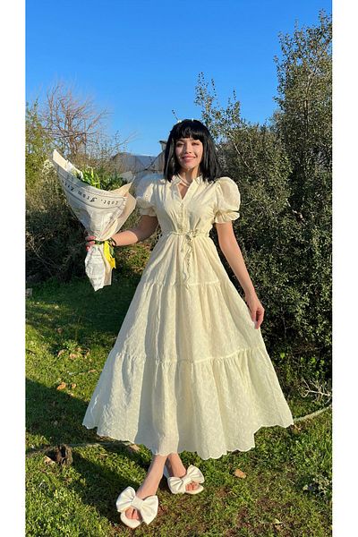 şems fashion Scallop Fabric Short Sleeve Belt Dress Long Dress Dress