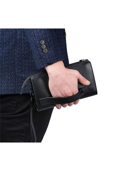 Bagacar Μαύρη τσάντα χειρός από γνήσιο δέρμα με θήκη τηλεφώνου και λαβή