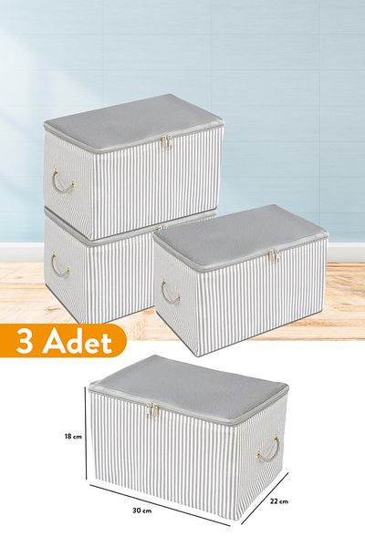 Serstil 3 Pieces - Mini Size Printed Detailed Anthracite Striped Storage Bag 30 X 22 X 18 Cm