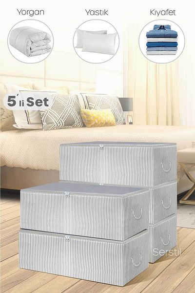 Serstil 5 Pieces - Small Size Printed Detailed Anthracite Striped Storage Bag 52 X 28 X 21 Cm