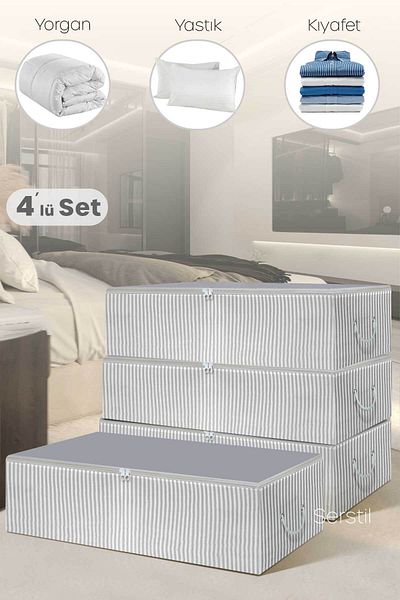 Serstil 4 Pieces - Mega Size Anthracite Striped Storage Bag Under Plinth 74 x 46 x 22 cm