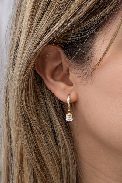 Nereze 925 Ayar Gümüş Gold 10 Mm Halka Sallantılı Baget Taşlı Küpe