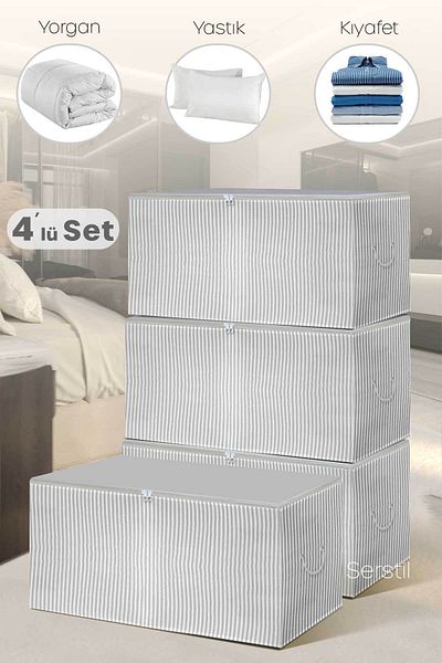 Serstil 4 Pieces - Medium Size Anthracite Striped Storage Bag 63 X 40 X 34 Cm