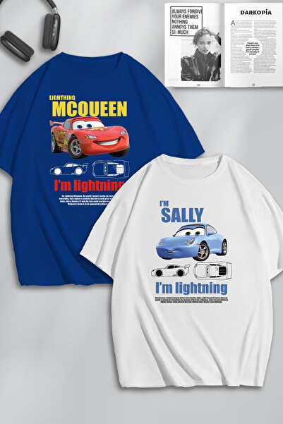 darkopia Unisex Γυναικείες Ανδρικές Μπλούζες Lightning McQueen και Sally με εμπριμέ Lover Couple Combined Design Μπλουζάκι μεγάλου μεγέθους 2-συσκευασία
