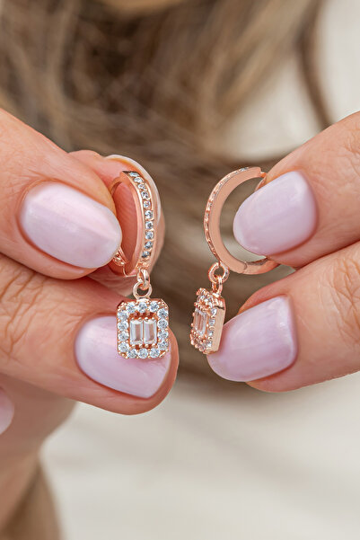 Nereze 925 Ayar Gümüş Rose 10 Mm Halka Sallantılı Baget Taşlı Küpe