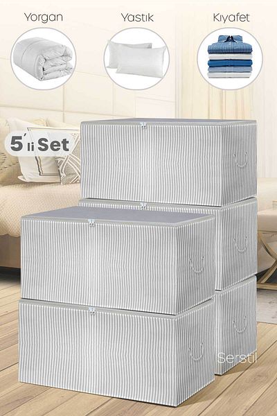 Serstil 5 Pieces - Medium Size Anthracite Striped Storage Bag 63 X 40 X 34 Cm