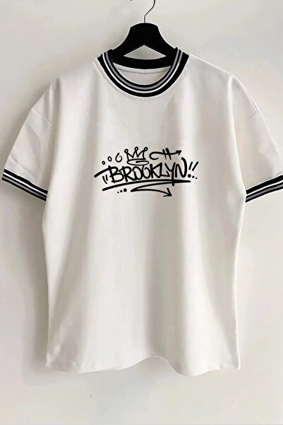 Vordevia Tricou alb de vară, unisex, cu imprimeu text Brooklyn, sezon nou, supradimensionat