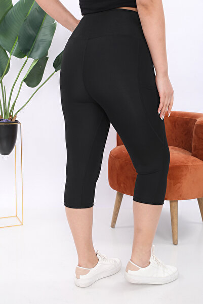 BANEGA Curve Women's Large Size Black High Waist Recovery Double Pocket Below the Knee Capri Leggings Capri