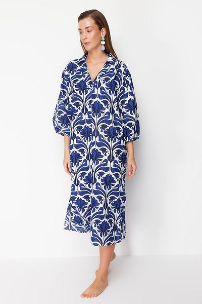 Trendyol Collection Tkané 100% bavlněné midi plážové šaty s etnickým vzorem TBESS22EL0009