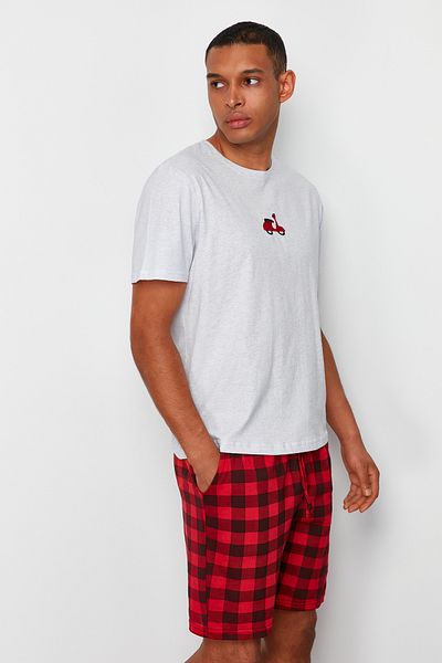 Trendyol Collection Gray - Red Regular Fit Plaid Embroidered Knitted Shorts Pajamas Set TMNSS24PT00032