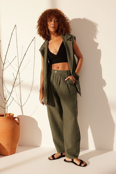 Trendyol Collection Zelené sudové kalhoty ze 100% lnu s vysokým pasem TWOSS24JE00243