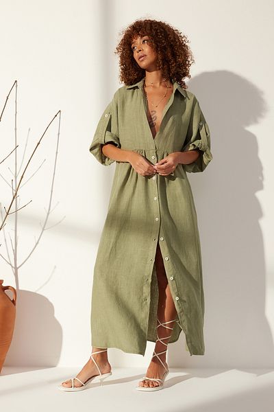 Trendyol Collection Πράσινο 100% λινό Oversize Maxi Φόρεμα TWOSS24EL00665