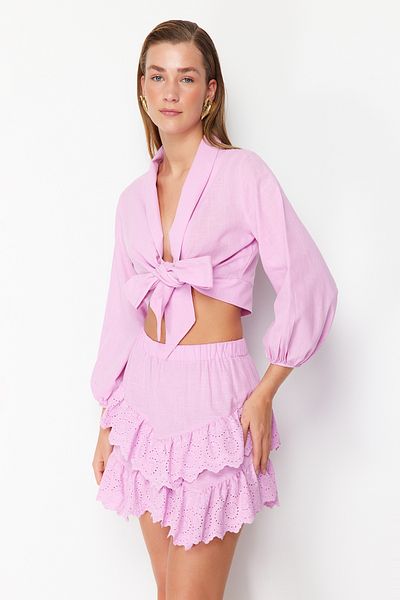 Trendyol Collection Rózsaszín mini szőtt hímzés, részletes, lobogó pamut strandszoknya TBESS24ET00004