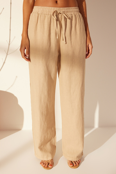 Trendyol Collection Bézs 100% vászon rugalmas derékú, magas derékú, széles szárú nadrág TWOSS24JE00249