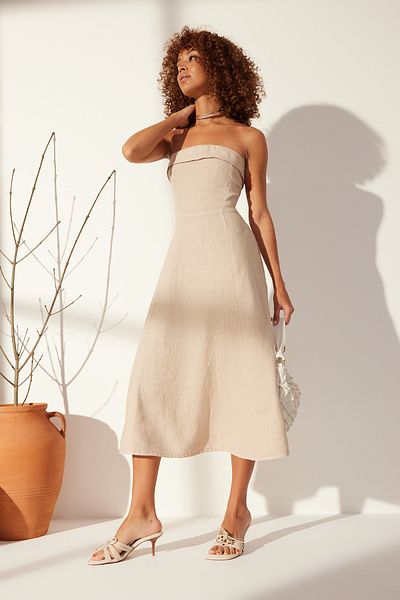 Trendyol Collection Πέτρα 100% Λινό Στράπλες Μάξι Φόρεμα TWOSS24EL00663