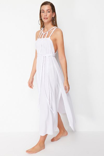 Trendyol Collection Plážové šaty ze 100% bavlny s bílým páskem, tkané maxi tkané TBESS23EL00070
