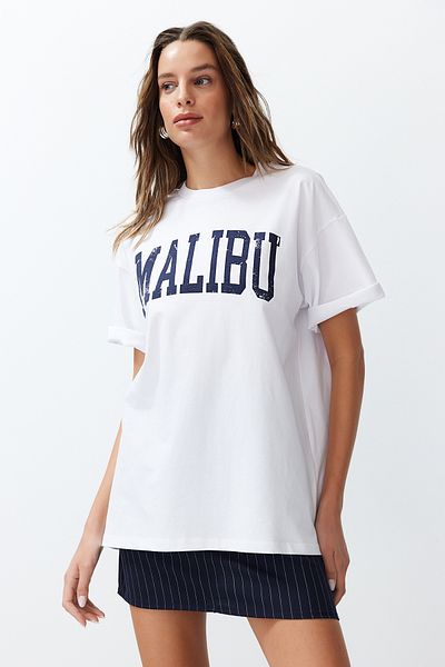 Trendyol Collection Λευκό 100% βαμβακερό σλόγκαν City με στάμπα Πλεκτό T-Shirt TWOSS24TS00127