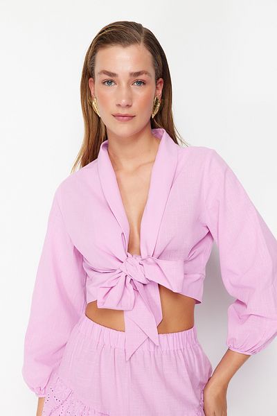 Trendyol Collection Ροζ υφαντό δέσιμο με φλόγα βαμβακερή μπλούζα παραλίας TBESS24BZ00006