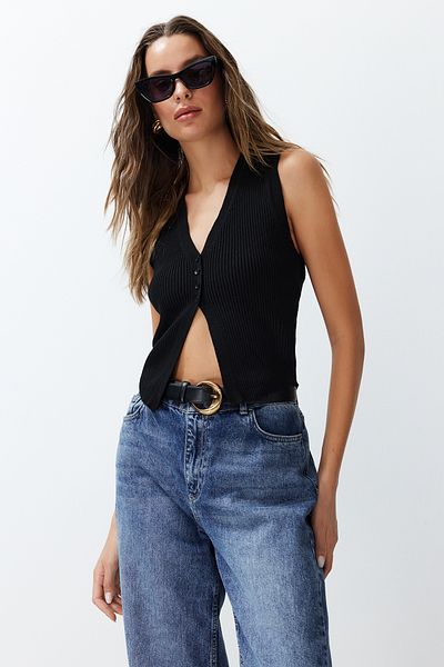 Trendyol Collection Black Premium Thread/ Special Thread Crop Top Knitwear Vest Twoss24Bz00258