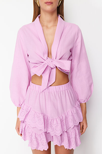 Trendyol Collection Ροζ υφαντό δέσιμο με φλόγα βαμβακερή μπλούζα παραλίας TBESS24BZ00006